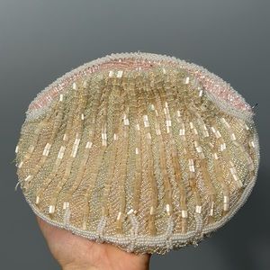 Vintage no brand beaded ivory pink zipper closure small/ mini bag 7.5 x 6”